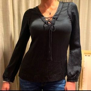 Tory Burch long sleeved silk top tunic blouse with string Tassel neckline 10